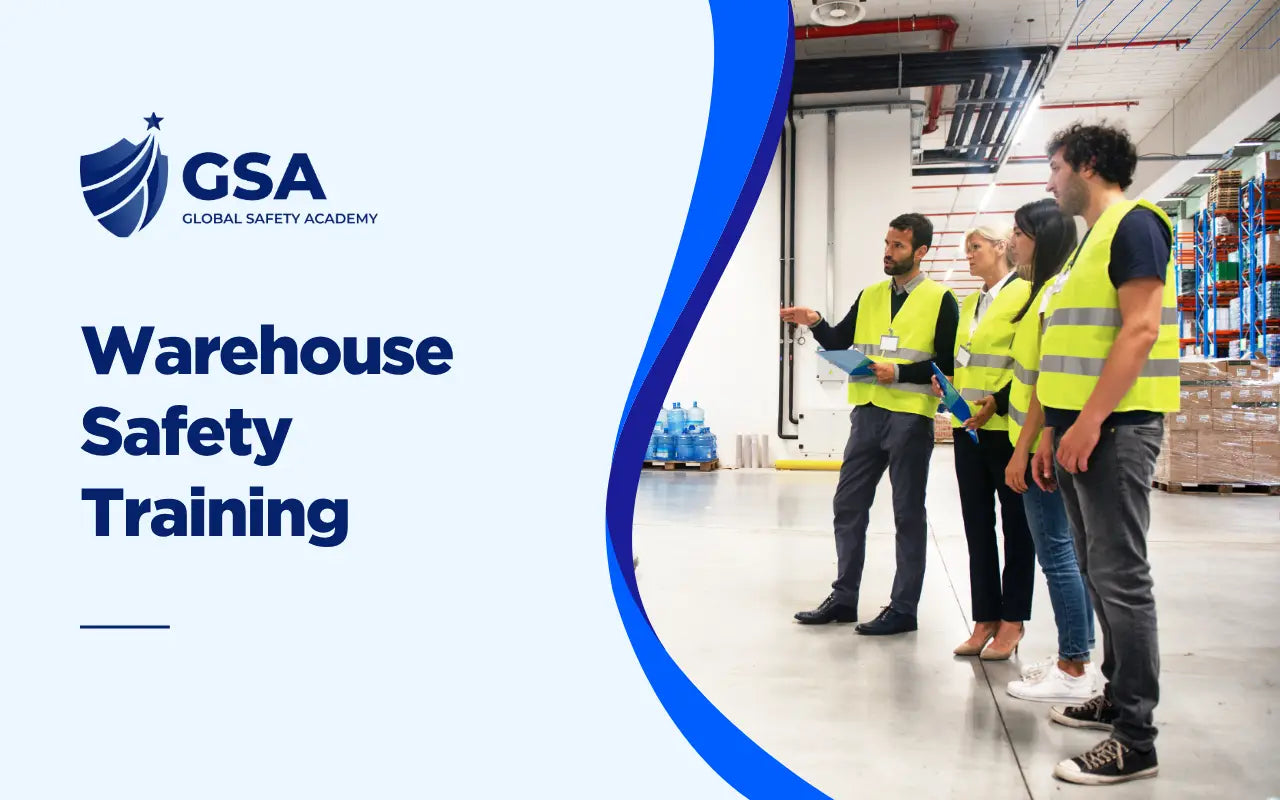 Warehouse safety training banner showing workers in high-visibility vests discussing safety practices in a warehouse.