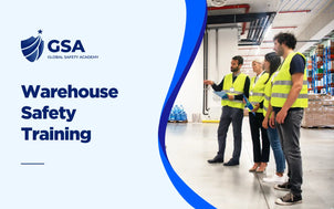 Warehouse safety training banner showing workers in high-visibility vests discussing safety practices in a warehouse.