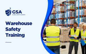 Warehouse Safety Training banner depicting safety inspectors working in a large warehouse facility.