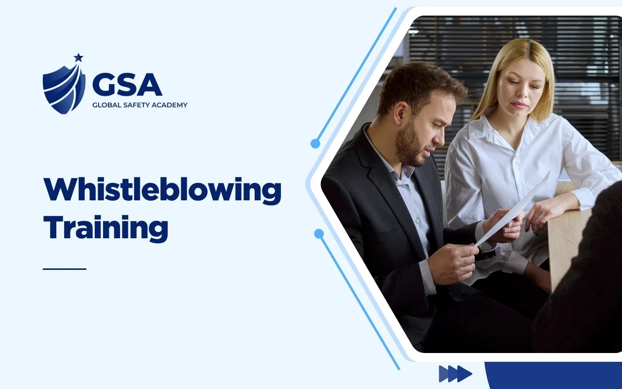 Whistleblowing Training course graphic showing two business colleagues discussing reported information or a document.
