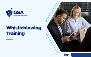 Whistleblowing Training course graphic showing two business colleagues discussing reported information or a document.