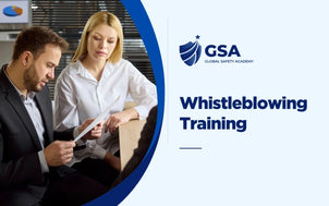 Whistleblowing Training course graphic showing two business colleagues discussing reported information or a document.