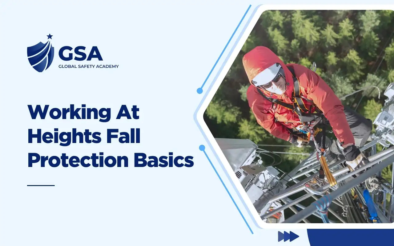 Working At Heights Fall Protection Basics course image showing a technician using fall protection equipment on an industrial tower.