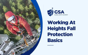 Working At Heights Fall Protection Basics course image showing a technician using fall protection equipment on an industrial tower.