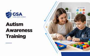 Autism Awareness Training course cover featuring a teacher supporting a child with colourful learning activities in a classroom setting.